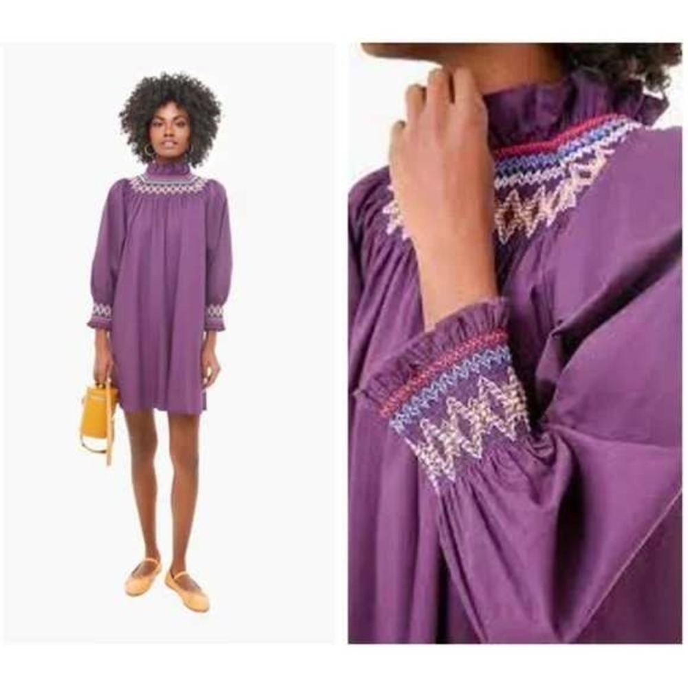 Pomander Place Plum Smocked Embroidered Wrenley Dress in Purple Size Small